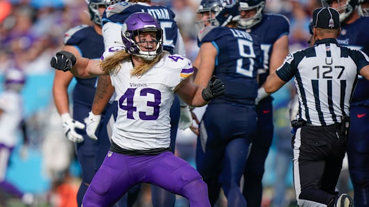 Minnesota Vikings linebacker Andrew Van Ginkel (43) celebrates his sack of Tennessee Titans quarterback Will Levis (8) during the second quarter at Nissan Stadium in Nashville, Tenn., Sunday, Nov. 17, 2024. Minnesota Vikings linebacker Andrew Van Ginkel (43) celebrates his sack of Tennessee Titans quarterback Will Levis (8) during the second quarter at Nissan Stadium in Nashville, Tenn., Sunday, Nov. 17, 2024.