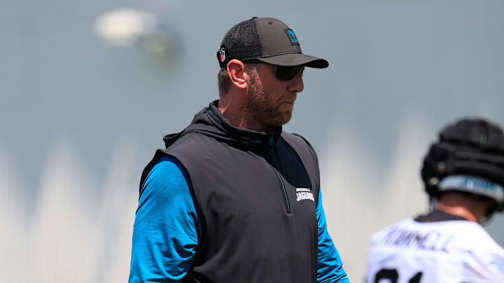 Jacksonville Jaguars head coach Liam Coen walks the field during an NFL training camp session at the Miller Electric Center, Friday Aug. 15, 2025 in Jacksonville, Fla. [Corey Perrine/Florida Times-Union]