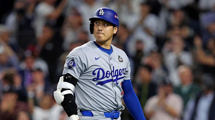 Oct 30, 2024; New York, New York, USA; Los Angeles Dodgers two-way player Shohei Ohtani (17) reacts after striking out during the fifth inning against the New York Yankees in game four of the 2024 MLB World Series at Yankee Stadium. Mandatory Credit: Brad Penner-Imagn Images