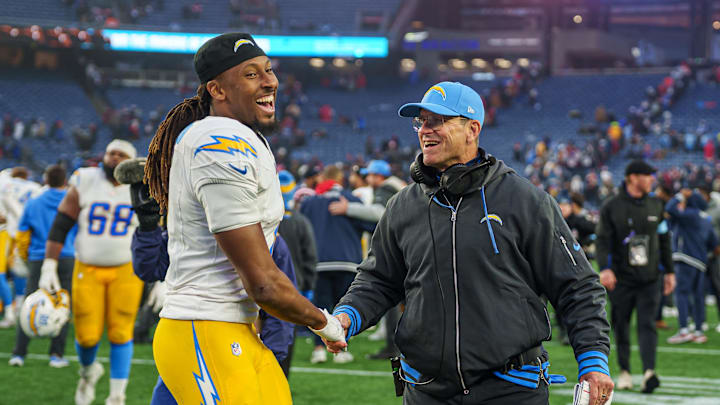 Chargers' WR Quentin Johnston and head coach Jim Harbaugh