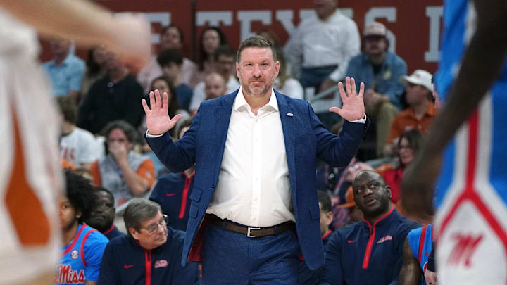 Feb 7, 2026; Austin, Texas, USA; Mississippi Rebels head coach Chris Beard reacts to a foul during the first half against the Texas Longhorns at Moody Center. Mandatory Credit: Dustin Safranek-Imagn Images Feb 7, 2026; Austin, Texas, USA; Mississippi Rebels head coach Chris Beard reacts to a foul during the first half against the Texas Longhorns at Moody Center. Mandatory Credit: Dustin Safranek-Imagn Images