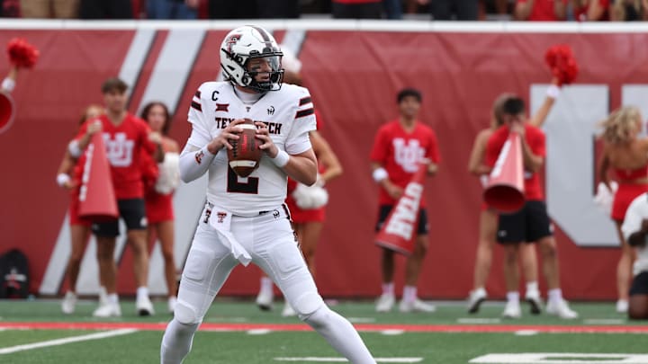 Sep 20, 2025; Salt Lake City, Utah, USA; Texas Tech Red Raiders quarterback Behren Morton (2) drops back to pass against the Utah Utes during the first quarter at Rice-Eccles Stadium. Mandatory Credit: Rob Gray-Imagn Images