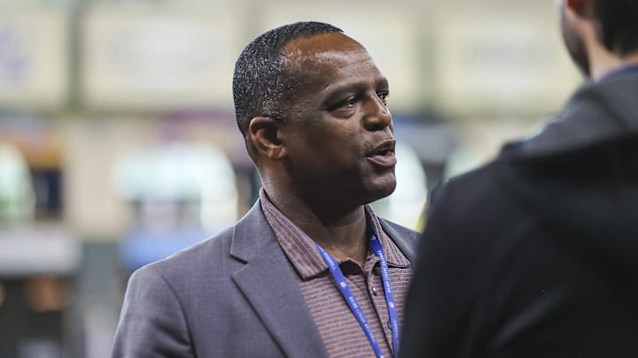 Apr 18, 2023; Houston, Texas, USA; Houston Astros general manager Dana Brown talks on the field before the game against the Toronto Blue Jays at Minute Maid Park