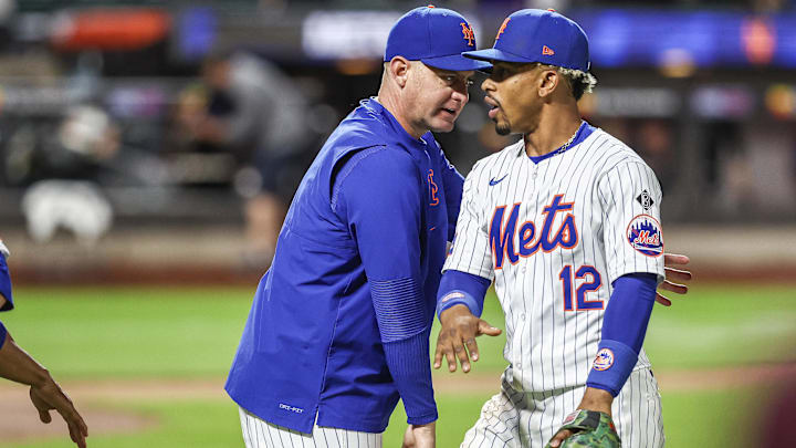 May 30, 2024; New York City, New York, USA; New York Mets manager Carlos Mendoza (64) congratulates shortstop Francisco Lindor (12) after defeating the Arizona Diamondbacks 3-2 at Citi Field. Mandatory Credit: Wendell Cruz-Imagn Images May 30, 2024; New York City, New York, USA; New York Mets manager Carlos Mendoza (64) congratulates shortstop Francisco Lindor (12) after defeating the Arizona Diamondbacks 3-2 at Citi Field. Mandatory Credit: Wendell Cruz-Imagn Images