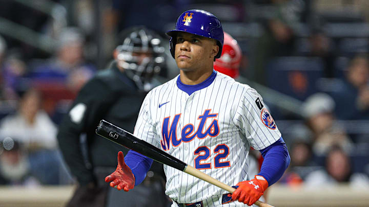 Apr 17, 2025; New York City, New York, USA; New York Mets right fielder Juan Soto (22) reacts after striking out during the third inning against the St. Louis Cardinals at Citi Field. Mandatory Credit: Vincent Carchietta-Imagn Images
