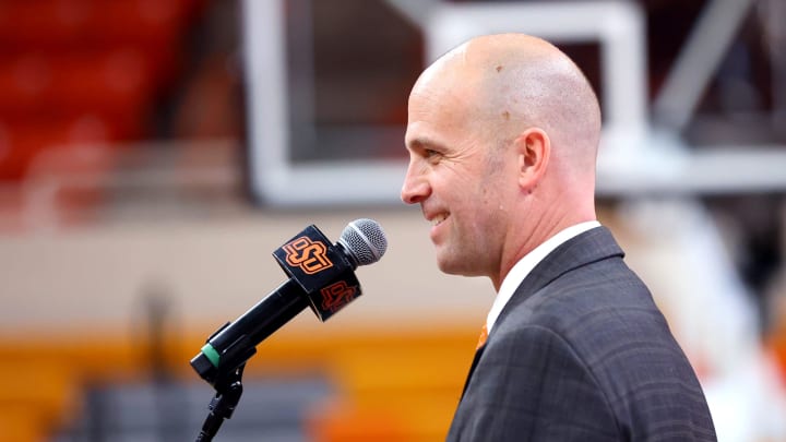 New Oklahoma State University head men's basketball coach Steve Lutz speaks during an introduction New Oklahoma State University head men's basketball coach Steve Lutz speaks during an introduction