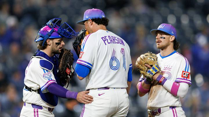 Sep 25, 2026; Kansas City, Missouri, USA; Kansas City Royals pitcher Nate Pearson (61), catcher Carter Jensen (22) and shortstop Bobby Witt Jr. (7) meet on the mound during the ninth inning against the Cleveland Guardians at Kauffman Stadium. Mandatory Credit: William Purnell-Imagn Images Sep 25, 2026; Kansas City, Missouri, USA; Kansas City Royals pitcher Nate Pearson (61), catcher Carter Jensen (22) and shortstop Bobby Witt Jr. (7) meet on the mound during the ninth inning against the Cleveland Guardians at Kauffman Stadium. Mandatory Credit: William Purnell-Imagn Images
