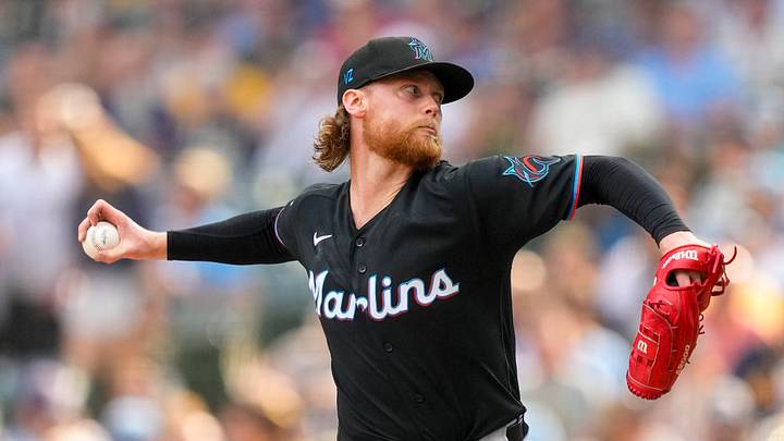 Max Meyer throws a pitch during the third inning against the Milwaukee Brewers. Max Meyer throws a pitch during the third inning against the Milwaukee Brewers.