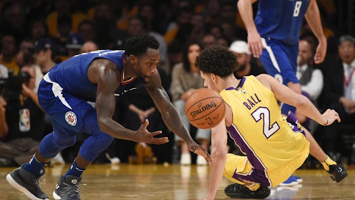Oct 19, 2017; Los Angeles, CA, USA; LA Clippers guard Patrick Beverley (21) steals the ball from Los Angeles Lakers guard Lonzo Ball (2) during the first half at Staples Center. Mandatory Credit: Kelvin Kuo-Imagn Images Oct 19, 2017; Los Angeles, CA, USA; LA Clippers guard Patrick Beverley (21) steals the ball from Los Angeles Lakers guard Lonzo Ball (2) during the first half at Staples Center. Mandatory Credit: Kelvin Kuo-Imagn Images