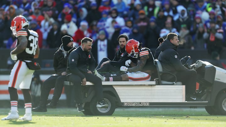 Cleveland Browns running back Quinshon Judkins (10) is taken off the field on a cart during a game against the Buffalo Bills on Dec. 21, 2025, in Cleveland.