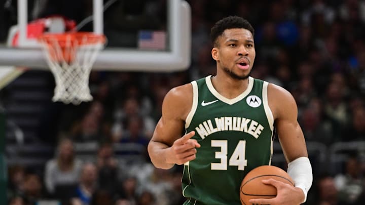 Jan 24, 2024; Milwaukee, Wisconsin, USA; Milwaukee Bucks forward Giannis Antetokounmpo (34) looks on during a timeout in the fourth quarter against the Cleveland Cavaliers at Fiserv Forum. Mandatory Credit: Benny Sieu-Imagn Images