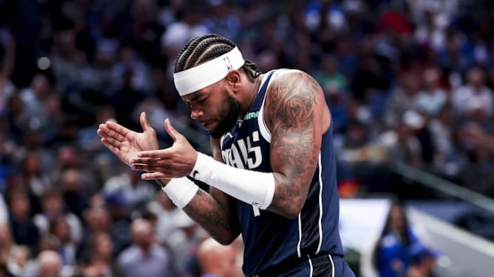 Apr 2, 2025; Dallas, Texas, USA;  Dallas Mavericks guard Jaden Hardy (1) reacts after scoring against the Atlanta Hawks during the second half at American Airlines Center. Mandatory Credit: Kevin Jairaj-Imagn Images