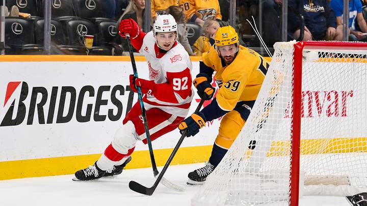 Mar 2, 2026; Nashville, Tennessee, USA; Nashville Predators defenseman Roman Josi (59) and Detroit Red Wings center Marco Kasper (92) battle for the puck during the first period at Bridgestone Arena. Mandatory Credit: Steve Roberts-Imagn Images Mar 2, 2026; Nashville, Tennessee, USA; Nashville Predators defenseman Roman Josi (59) and Detroit Red Wings center Marco Kasper (92) battle for the puck during the first period at Bridgestone Arena. Mandatory Credit: Steve Roberts-Imagn Images