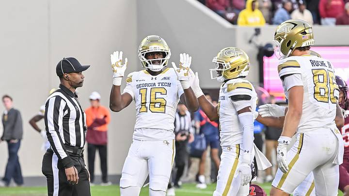 Oct 17, 2026; Blacksburg, Virginia, USA; Georgia Tech Yellow Jackets wide receiver Jaiven Plummer (16) celebrates a touchdown during the fourth quarter against the Virginia Tech Hokies at Lane Stadium. Mandatory Credit: Brian Bishop-Imagn Images Oct 17, 2026; Blacksburg, Virginia, USA; Georgia Tech Yellow Jackets wide receiver Jaiven Plummer (16) celebrates a touchdown during the fourth quarter against the Virginia Tech Hokies at Lane Stadium. Mandatory Credit: Brian Bishop-Imagn Images