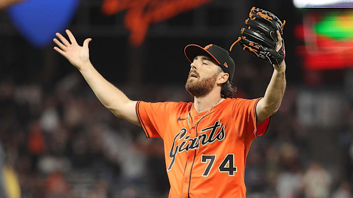 Sep 26, 2025; San Francisco, California, USA; San Francisco Giants relief pitcher Ryan Walker (74) reacts after the game against the Colorado Rockies at Oracle Park. Mandatory Credit: Kelley L Cox-Imagn Images