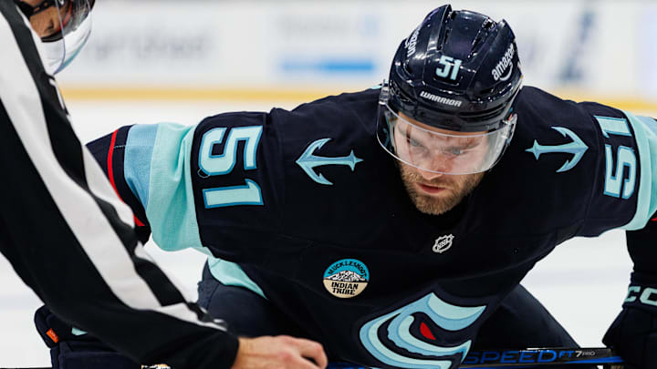 Oct 19, 2024; Seattle, Washington, USA; Seattle Kraken center Shane Wright (51) looks on before a face off against the Calgary Flames during the third period at Climate Pledge Arena. Mandatory Credit: Caean Couto-Imagn Images
