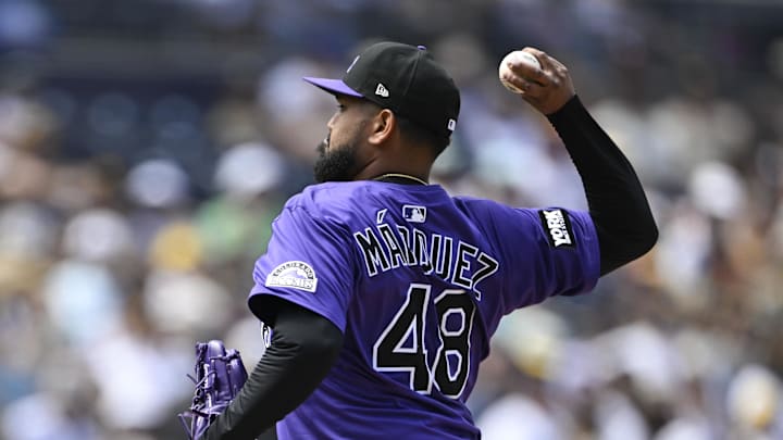 Sep 14, 2025; San Diego, California, USA; Colorado Rockies starting pitcher German Marquez (48) delivers during the first inning against the San Diego Padres at Petco Park. 