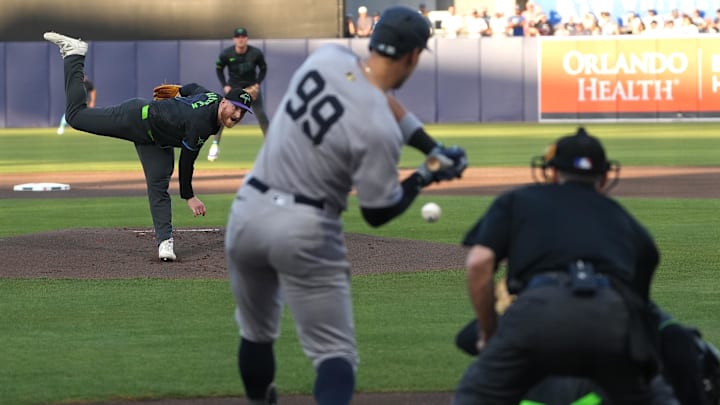 Tampa Bay Rays pitcher Drew Rasmussen throws a pitch to New York Yankees outfielder Aaron Judge (99) in April. Tampa Bay Rays pitcher Drew Rasmussen throws a pitch to New York Yankees outfielder Aaron Judge (99) in April.