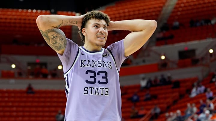 Kansas State Wildcats guard Coleman Hawkins (33) reacts during a men's BIG 12 basketball game between the Oklahoma State University Cowboys (OSU) and the Kansas State Wildcats at Gallagher-Iba Arena in Stillwater, Okla., Tuesday, Jan. 7, 2025. Oklahoma State won 79-66, Kansas State Wildcats guard Coleman Hawkins (33) reacts during a men's BIG 12 basketball game between the Oklahoma State University Cowboys (OSU) and the Kansas State Wildcats at Gallagher-Iba Arena in Stillwater, Okla., Tuesday, Jan. 7, 2025. Oklahoma State won 79-66,