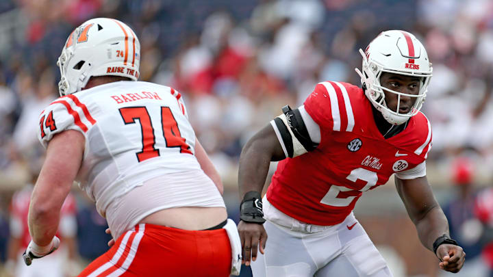 Sep 2, 2023; Oxford, Mississippi, USA; Mississippi Rebels defensive linemen Cedric Johnson (2) looks