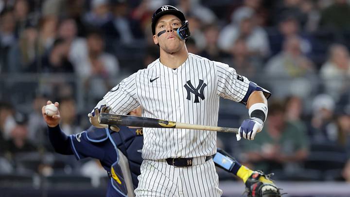 Bronx, New York, USA; New York Yankees right fielder Aaron Judge (99) reacts after striking out to end the seventh inning against the Tampa Bay Rays at Yankee Stadium. Mandatory Credit: Brad Penner-Imagn Images