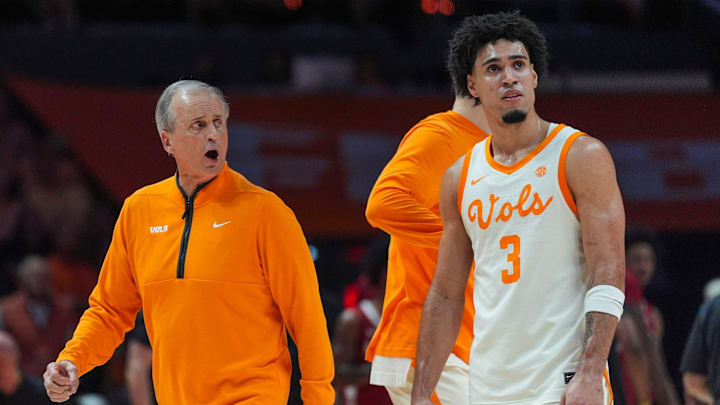 Tennessee coach Rick Barnes speaks with Tennessee guard Bishop Boswell (3) during a NCAA basketball game between Tennessee and Alabama at Thompson-Boling Arena at Food City Center in Knoxville, Tenn., on Feb. 28, 2026. Tennessee coach Rick Barnes speaks with Tennessee guard Bishop Boswell (3) during a NCAA basketball game between Tennessee and Alabama at Thompson-Boling Arena at Food City Center in Knoxville, Tenn., on Feb. 28, 2026.