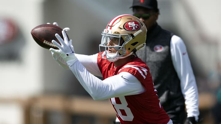 Jul 23, 2025; Santa Clara, CA, USA; San Francisco 49ers wide receiver Isaiah Hodgins (18) hauls in a pas during the first day of training camp at SAP Performance Facility. Mandatory Credit: D. Ross Cameron-Imagn Images