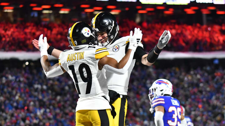 Jan 15, 2024; Orchard Park, New York, USA; Pittsburgh Steelers wide receiver Calvin Austin III (19) celebrates a touchdown in the second half against the Buffalo Bills in a 2024 AFC wild card game at Highmark Stadium. Mandatory Credit: Mark Konezny-USA TODAY Sports Jan 15, 2024; Orchard Park, New York, USA; Pittsburgh Steelers wide receiver Calvin Austin III (19) celebrates a touchdown in the second half against the Buffalo Bills in a 2024 AFC wild card game at Highmark Stadium. Mandatory Credit: Mark Konezny-USA TODAY Sports