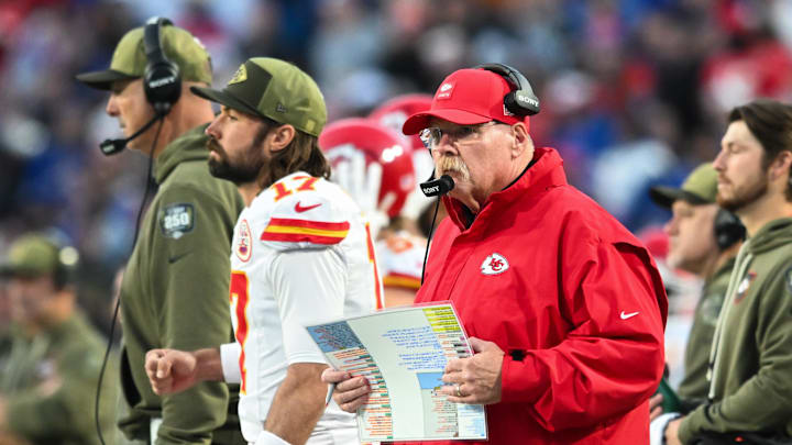 Nov 2, 2025; Orchard Park, New York, USA; Kansas City Chiefs head coach Andy Reid looks on in the second quarter against the Buffalo Bills at Highmark Stadium. Mandatory Credit: Mark Konezny-Imagn Images
