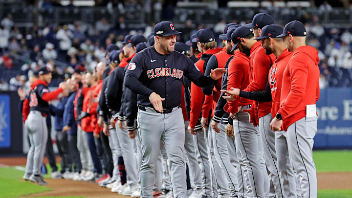 Oct 14, 2024; Bronx, New York, USA; Cleveland Guardians manager Stephen Vogt is introduced before playing against the New York Yankees game one of the ALCS for the 2024 MLB Playoffs at Yankee Stadium. Mandatory Credit: Brad Penner-Imagn Images