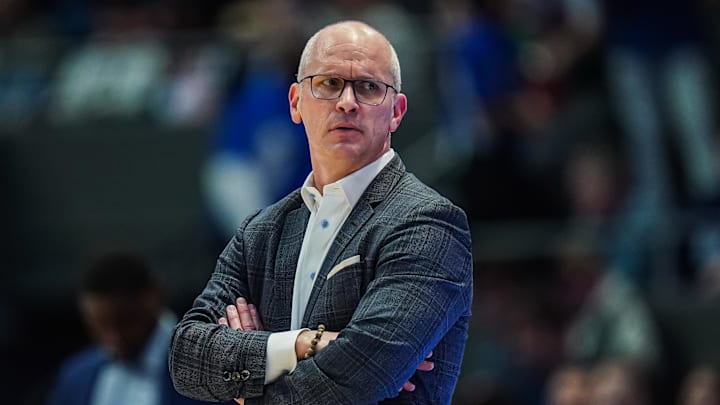 Jan 10, 2026; Hartford, Connecticut, USA; UConn Huskies head coach Dan Hurley watches from the sideline as they take on the DePaul Blue Demons at PeoplesBank Arena. Mandatory Credit: David Butler II-Imagn Images