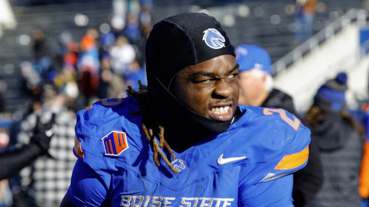 Nov 29, 2024; Boise, Idaho, USA; Boise State Broncos running back Ashton Jeanty (2) after the game against the Oregon State Beavers at Albertsons Stadium.  Boise State defeats Oregon State 34-18. Mandatory Credit: Brian Losness-Imagn Images

