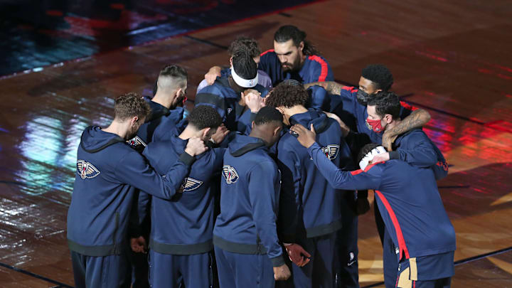Jan 27, 2021; New Orleans, Louisiana, USA; New Orleans Pelicans players huddle before their game against the Washington Wizards at the Smoothie King Center. Mandatory Credit: Chuck Cook-Imagn Images Jan 27, 2021; New Orleans, Louisiana, USA; New Orleans Pelicans players huddle before their game against the Washington Wizards at the Smoothie King Center. Mandatory Credit: Chuck Cook-Imagn Images