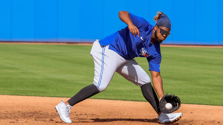 Feb 23, 2021; Dunedin, FL, USA;   Toronto Blue Jays infielder Vlad Guerrero, Jr. takes infield