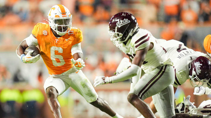 Tennessee running back Dylan Sampson (6) runs with the ball during a college football game between Tennessee and Mississippi State at Neyland Stadium in Knoxville, Tenn., on Saturday, Nov. 9, 2024.