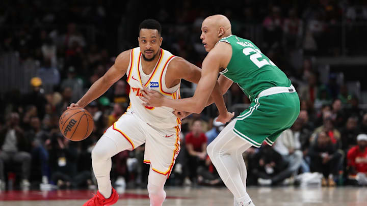 Mar 30, 2026; Atlanta, Georgia, USA; Atlanta Hawks guard CJ McCollum (3) works past Boston Celtics guard Jordan Walsh (27) in the second half at State Farm Arena. Mandatory Credit: Mady Mertens-Imagn Images