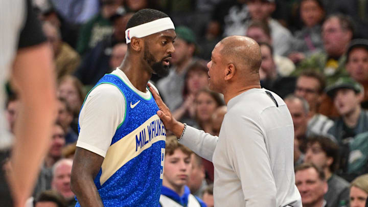 Feb 12, 2024; Milwaukee, Wisconsin, USA: Milwaukee Bucks head coach Doc Rivers talks to forward Bobby Portis (9) after a technical foul in the fourth quarter during game against the Denver Nuggets at Fiserv Forum. Mandatory Credit: Benny Sieu-Imagn Images