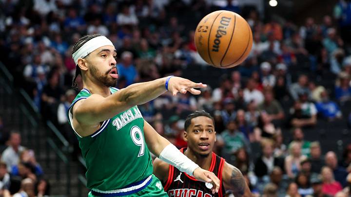 Apr 12, 2026; Dallas, Texas, USA; Dallas Mavericks guard Ryan Nembhard (9) passes the ball past Chicago Bulls guard Rob Dillingham (7) during the second half at American Airlines Center. Mandatory Credit: Kevin Jairaj-Imagn Images Apr 12, 2026; Dallas, Texas, USA; Dallas Mavericks guard Ryan Nembhard (9) passes the ball past Chicago Bulls guard Rob Dillingham (7) during the second half at American Airlines Center. Mandatory Credit: Kevin Jairaj-Imagn Images