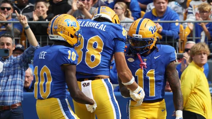 Oct 10, 2026; Pittsburgh, Pennsylvania, USA; Pittsburgh Panthers running back La'vell Wright (11) reacts with tight end Wyatt Villarreal (88) and wide receiver Censere Lee (10) after Wright rushied for a touchdown against the North Carolina Tar Heels during the first quarter at Acrisure Stadium. Mandatory Credit: Charles LeClaire-Imagn Images Oct 10, 2026; Pittsburgh, Pennsylvania, USA; Pittsburgh Panthers running back La'vell Wright (11) reacts with tight end Wyatt Villarreal (88) and wide receiver Censere Lee (10) after Wright rushied for a touchdown against the North Carolina Tar Heels during the first quarter at Acrisure Stadium. Mandatory Credit: Charles LeClaire-Imagn Images