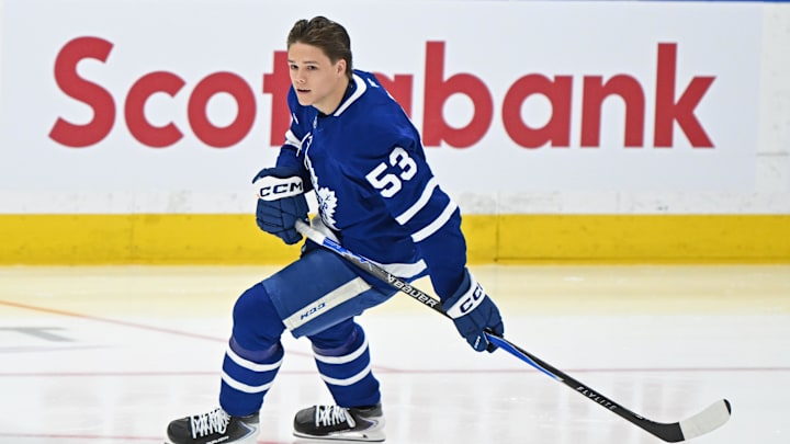 Oct 13, 2025; Toronto, Ontario, CAN; Toronto Maple Leafs right wing Easton Cowan (53) takes his first NHL pregame skate against the Detroit Red Wings at Scotiabank Arena. Mandatory Credit: Gerry Angus-Imagn Images