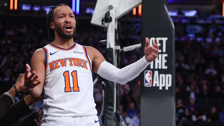 Nov 12, 2025; New York, New York, USA;  New York Knicks guard Jalen Brunson (11) reacts after getting called for a foul in the first quarter against the Orlando Magic at Madison Square Garden. Mandatory Credit: Wendell Cruz-Imagn Images