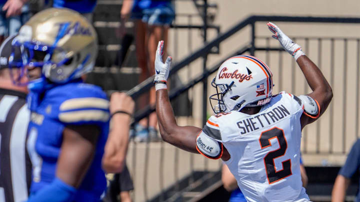 Oklahoma State wide receiver Talyn Shettron (2) celebrates after scoring in the first half during an NCAA football game between Oklahoma State and Tulsa in Tulsa, Okla., on Saturday, Sept. 14, 2024.