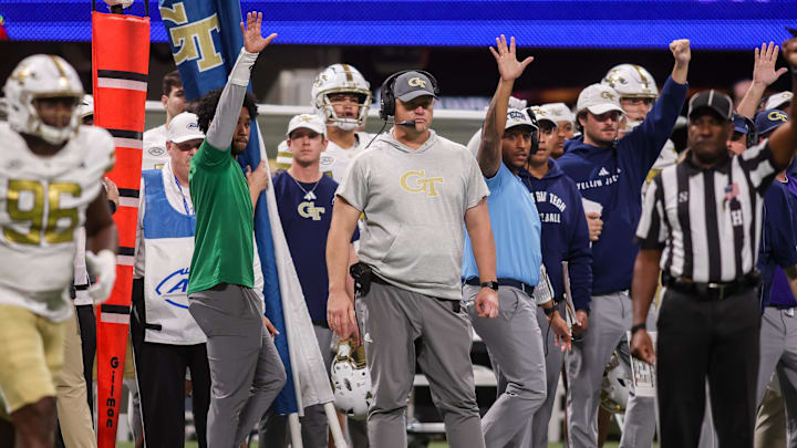 Nov 28, 2025; Atlanta, Georgia, USA; Georgia Tech Yellow Jackets head coach Brent Key on the sideline against the Georgia Bulldogs in the third quarter at Mercedes-Benz Stadium. Mandatory Credit: Brett Davis-Imagn Images Nov 28, 2025; Atlanta, Georgia, USA; Georgia Tech Yellow Jackets head coach Brent Key on the sideline against the Georgia Bulldogs in the third quarter at Mercedes-Benz Stadium. Mandatory Credit: Brett Davis-Imagn Images