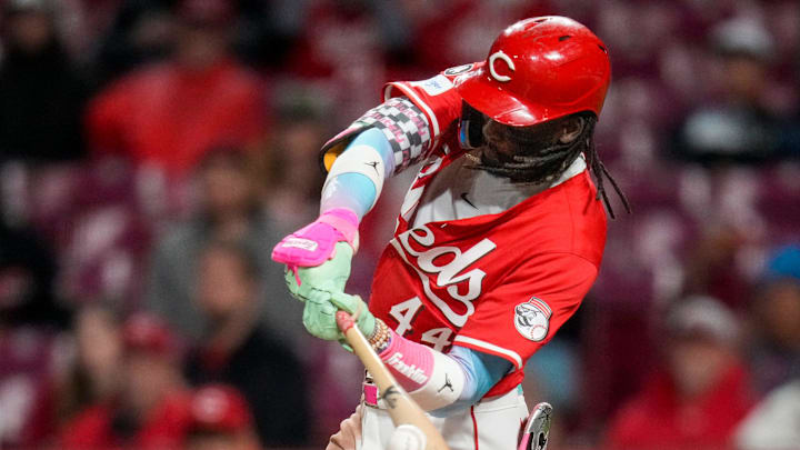 Cincinnati Reds shortstop Elly De La Cruz (44) hits an RBI double, scoring Matt McLain from first base, in the ninth inning of the MLB National League game between the Cincinnati Reds and the Washington Nationals at Great American Ball Park in downtown Cincinnati on Saturday, May 3, 2025. The Nationals won the second game of the series, 11-6.