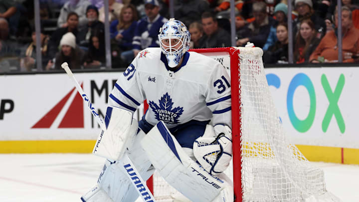 Jan 3, 2024; Anaheim, California, USA; Toronto Maple Leafs goaltender Martin Jones (31) defends the