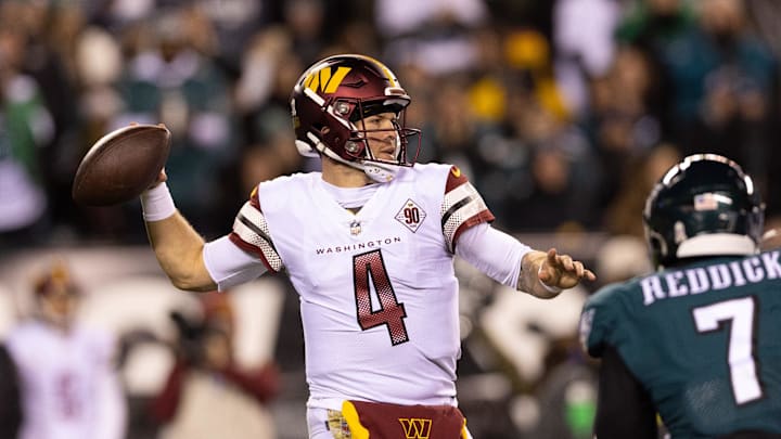 Nov 14, 2022; Philadelphia, Pennsylvania, USA; Washington Commanders quarterback Taylor Heinicke (4)