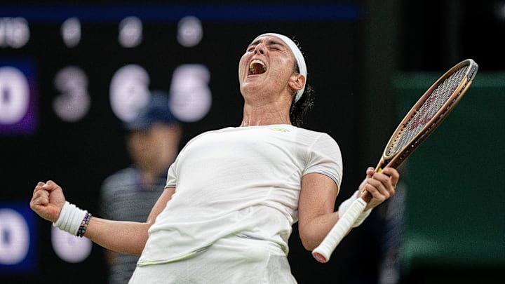 Jul 8, 2023; London, United Kingdom; Ons Jabeur (TUN) celebrates winning her match against Bianca