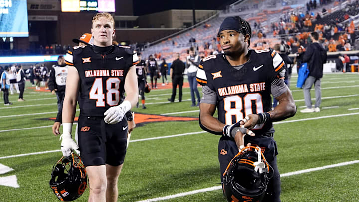 Oklahoma State Cowboys wide receiver Brennan Presley (80) walks off the field in the second half the college football game between the Oklahoma State Cowboys and the Arizona State Sun Devils at Boone Pickens Stadium in Stillwater, Okla., Saturday, Nov., 2, 2024. Oklahoma State Cowboys wide receiver Brennan Presley (80) walks off the field in the second half the college football game between the Oklahoma State Cowboys and the Arizona State Sun Devils at Boone Pickens Stadium in Stillwater, Okla., Saturday, Nov., 2, 2024.