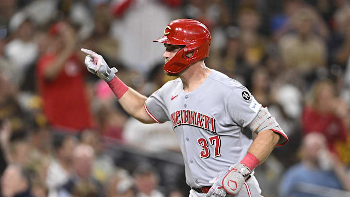 Sep 9, 2025; San Diego, California, USA; Cincinnati Reds catcher Tyler Stephenson (37) rounds the bases after hitting a two-run home run during the ninth inning against the San Diego Padres at Petco Park. Mandatory Credit: Denis Poroy-Imagn Images