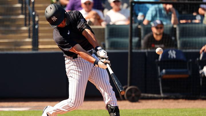 Feb 26, 2024; Tampa, Florida, USA; New York Yankees outfielder Jace Avina (33) hits a RBI double during the fifth inning against the Minnesota Twins  at George M. Steinbrenner Field. Mandatory Credit: Kim Klement Neitzel-Imagn Images